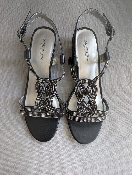 London Fog Shoes - London Fog Women’s Black/Silver Strappy Block Heel Sandals, Sz 8M